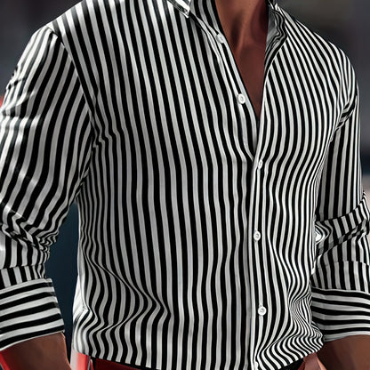 Herenmode Gestreept Overhemd Met Lange Mouwen - Casual Revers, All-Season Polyester 95% Spandex 5% Geweven Stof, Normale Pasvorm, 120gsm - Veelzijdig Dagelijkse Draag, Plusmaat
