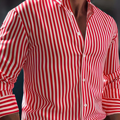 Herenmode Gestreept Overhemd Met Lange Mouwen - Casual Revers, All-Season Polyester 95% Spandex 5% Geweven Stof, Normale Pasvorm, 120gsm - Veelzijdig Dagelijkse Draag, Plusmaat