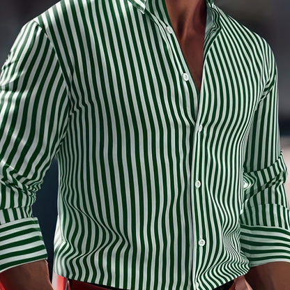 Herenmode Gestreept Overhemd Met Lange Mouwen - Casual Revers, All-Season Polyester 95% Spandex 5% Geweven Stof, Normale Pasvorm, 120gsm - Veelzijdig Dagelijkse Draag, Plusmaat