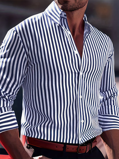 Herenmode Gestreept Overhemd Met Lange Mouwen - Casual Revers, All-Season Polyester 95% Spandex 5% Geweven Stof, Normale Pasvorm, 120gsm - Veelzijdig Dagelijkse Draag, Plusmaat