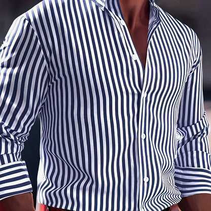 Herenmode Gestreept Overhemd Met Lange Mouwen - Casual Revers, All-Season Polyester 95% Spandex 5% Geweven Stof, Normale Pasvorm, 120gsm - Veelzijdig Dagelijkse Draag, Plusmaat